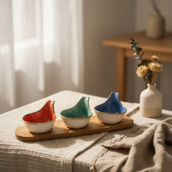 Porcelain Bowl Set & Wooden Base